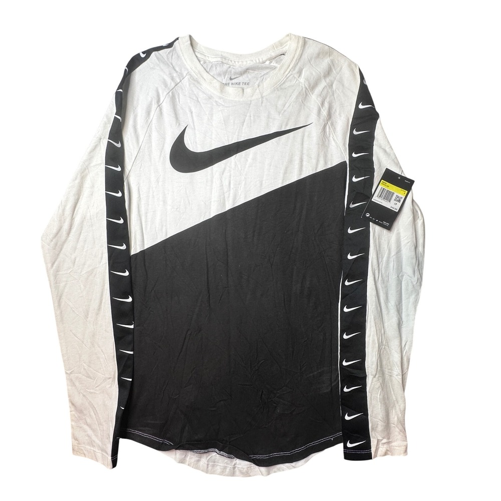 Nike Shirt Mens S White Black Long Sleeve‎ CI6099-100 Swoosh Taping Graphic Tee